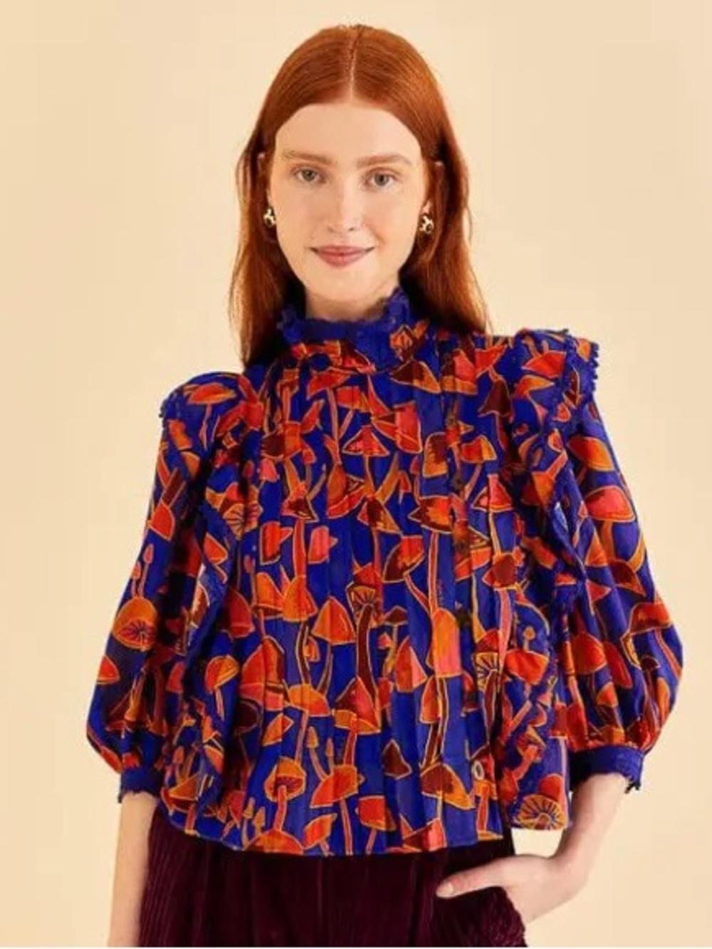 Farm Rio bohemian boho bright blue mushroom sketch button ruffle blouse size xl - Picture 2 of 15